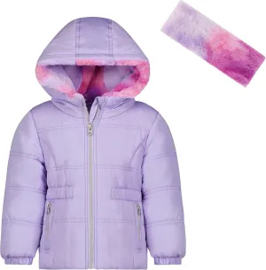 LONDON FOG baby-girls Hooded Winter Jacket With Matching Sherpa Headband