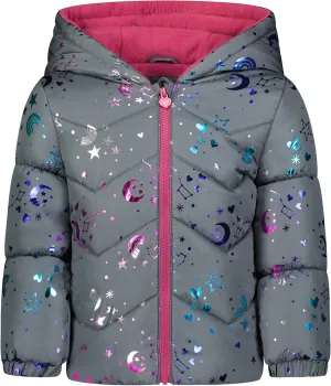 LONDON FOG Baby Girl's Quilted Winter Puffer Jacket with Fleece Hat, Grey, 24MO