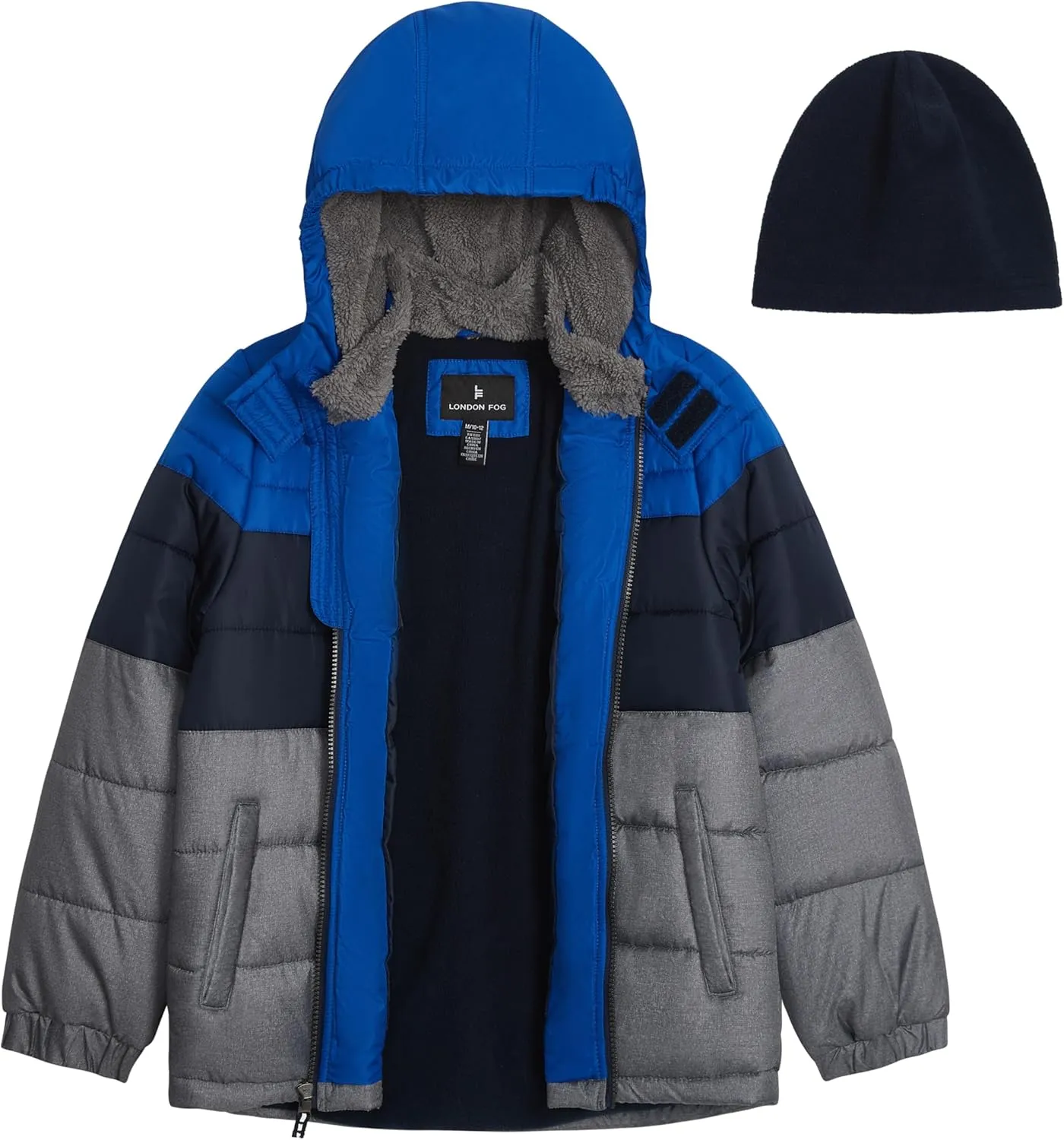 LONDON FOG Boys' Heavyweight Hooded Puffer Jacket with Sherpa-Lined Hood & Fleece Beanie