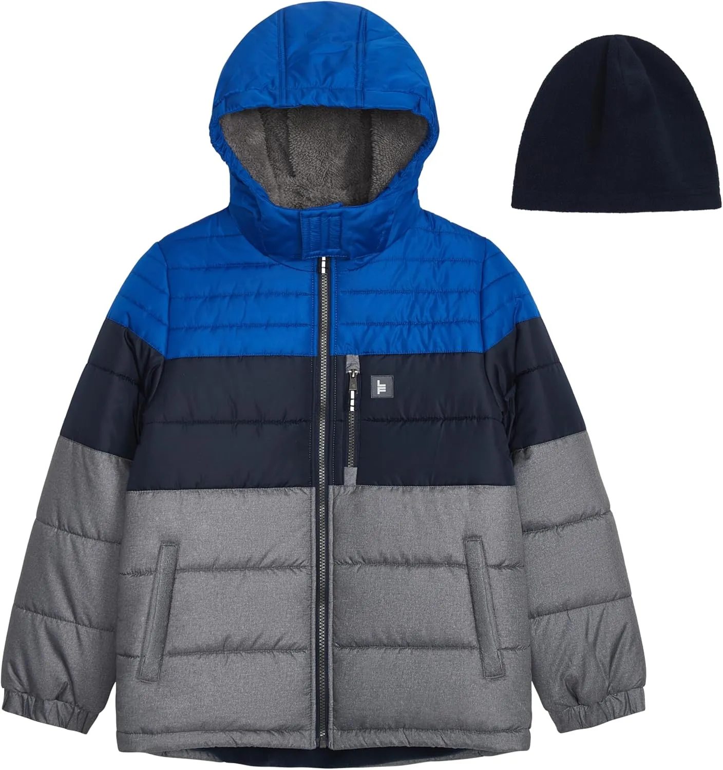 LONDON FOG Boys' Heavyweight Hooded Puffer Jacket with Sherpa-Lined Hood & Fleece Beanie
