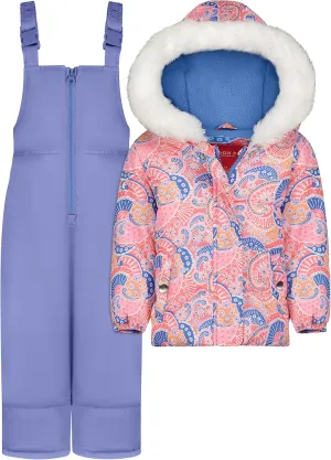 LONDON FOG Girls' Baby Water Resistant Two-Piece Winter Snowsuit - Includes Snowsuit   Hooded Fleece Lined Jacket Periwinkle & Pink Paisley, Peri, 18 MO