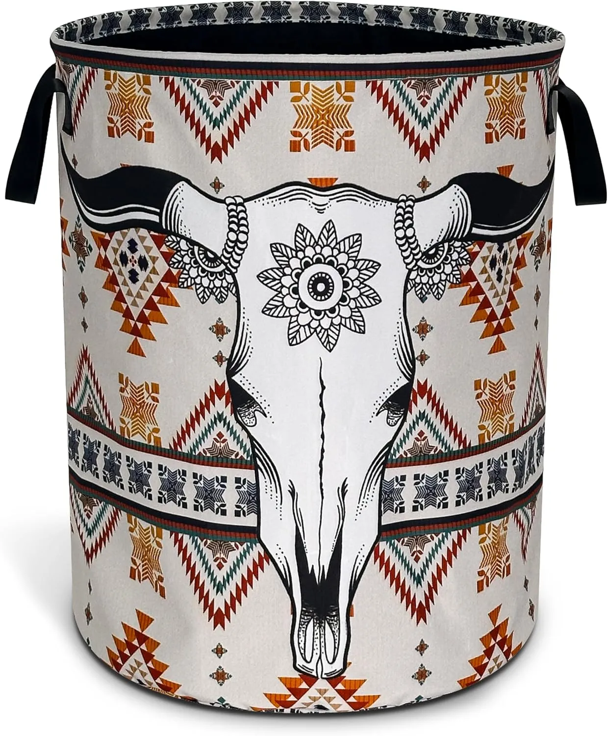 Longhorn Cattle Skull Laundry Basket Oxford Cloth Aztec Tribal Laundry Hamper With Handle Foldable Portable Clothes Storage Basket 18.9 X 16.5 In Storage Bag For Laundry Room/Bathroom/Bedroom