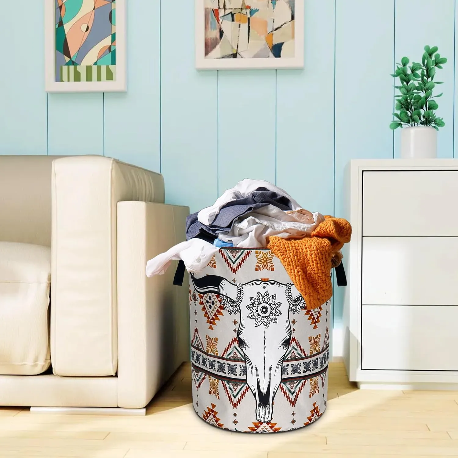 Longhorn Cattle Skull Laundry Basket Oxford Cloth Aztec Tribal Laundry Hamper With Handle Foldable Portable Clothes Storage Basket 18.9 X 16.5 In Storage Bag For Laundry Room/Bathroom/Bedroom