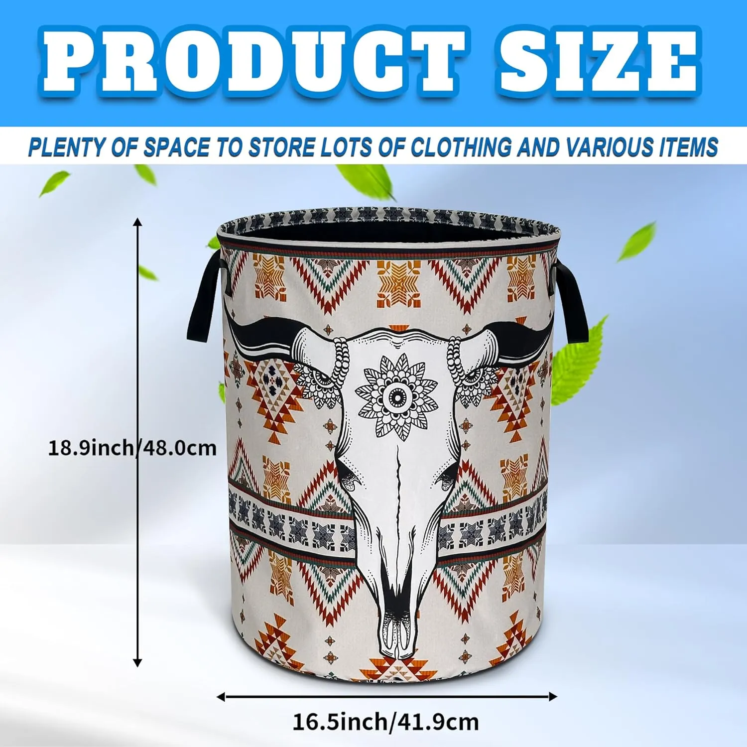 Longhorn Cattle Skull Laundry Basket Oxford Cloth Aztec Tribal Laundry Hamper With Handle Foldable Portable Clothes Storage Basket 18.9 X 16.5 In Storage Bag For Laundry Room/Bathroom/Bedroom