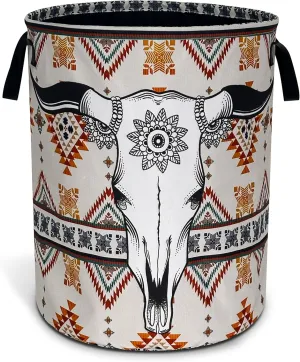Longhorn Cattle Skull Laundry Basket Oxford Cloth Aztec Tribal Laundry Hamper With Handle Foldable Portable Clothes Storage Basket 18.9 X 16.5 In Storage Bag For Laundry Room/Bathroom/Bedroom