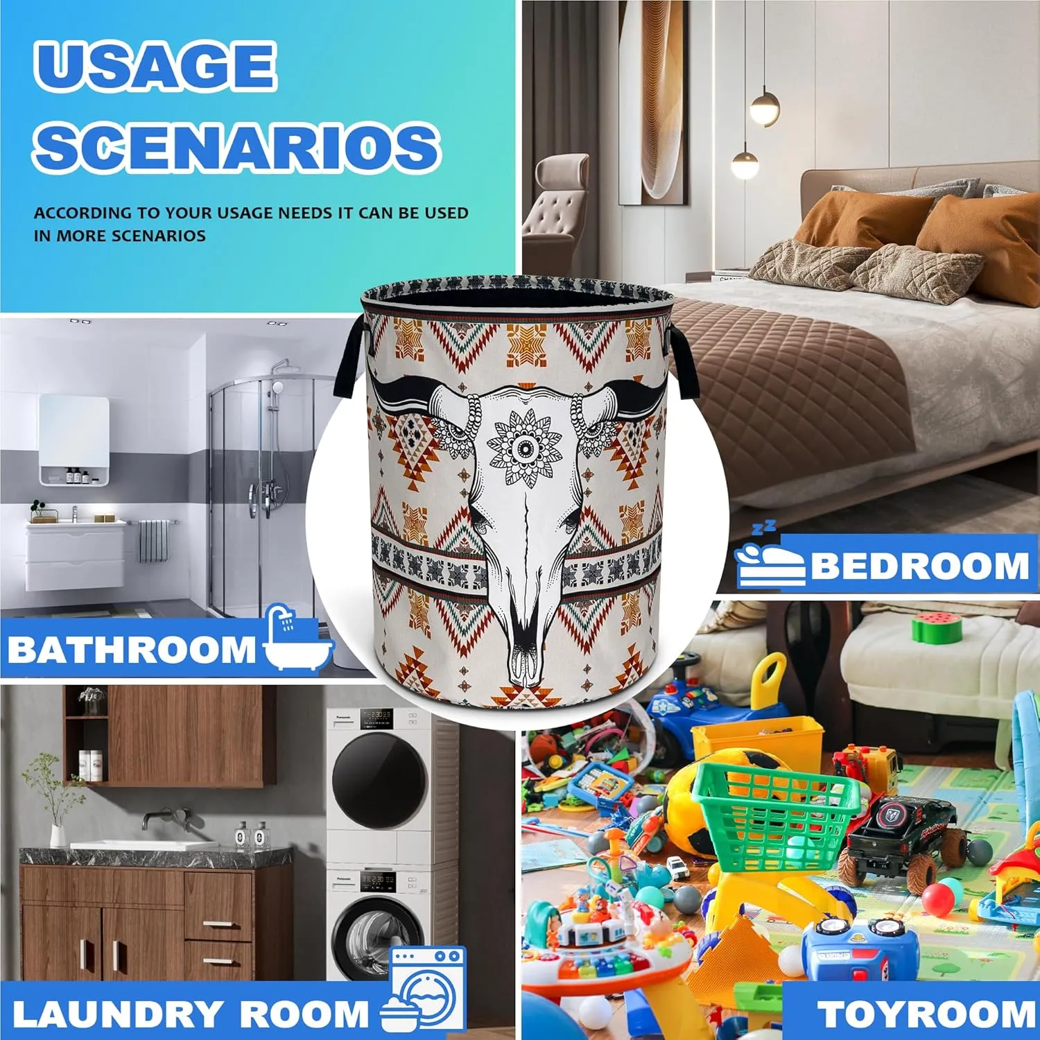 Longhorn Cattle Skull Laundry Basket Oxford Cloth Aztec Tribal Laundry Hamper With Handle Foldable Portable Clothes Storage Basket 18.9 X 16.5 In Storage Bag For Laundry Room/Bathroom/Bedroom