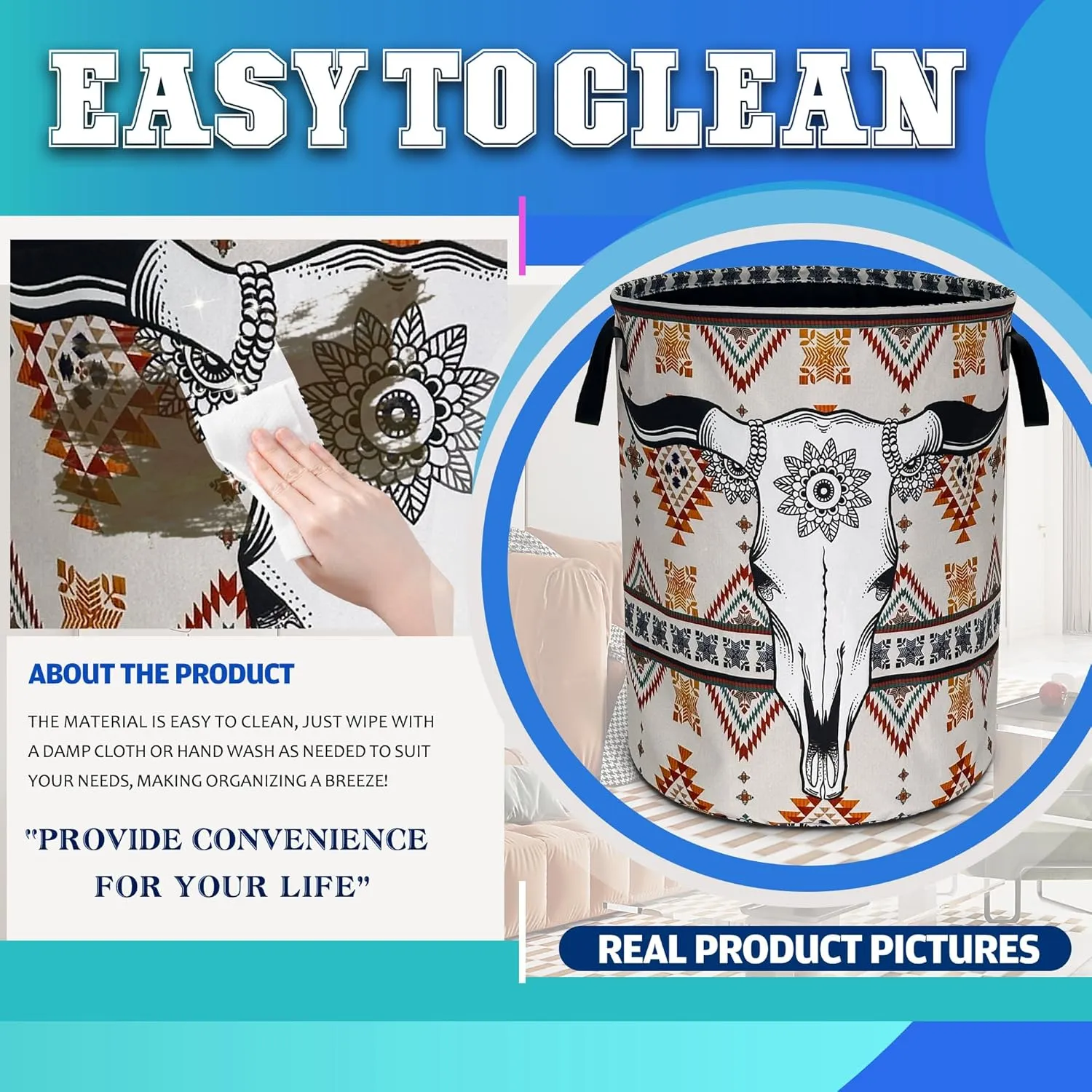 Longhorn Cattle Skull Laundry Basket Oxford Cloth Aztec Tribal Laundry Hamper With Handle Foldable Portable Clothes Storage Basket 18.9 X 16.5 In Storage Bag For Laundry Room/Bathroom/Bedroom