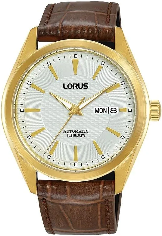 Lorus Men Analog Automatic Watch with Leather Strap RL490BX9, Gold, standard size, Strap.