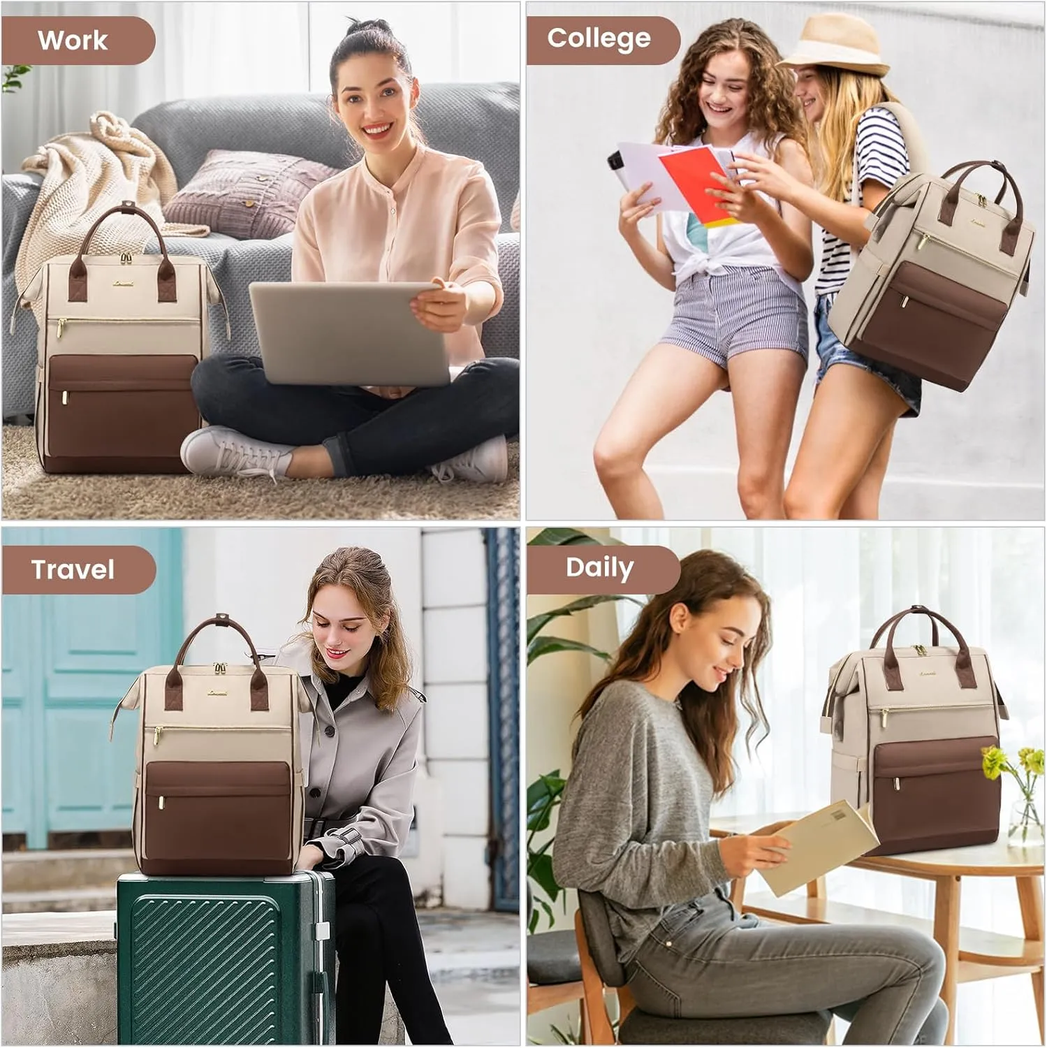 LOVEVOOK Laptop Backpack for Women, 17 Inch Work Teacher Nurse Bag, Large Capacity Business Computer Backpack Purse with USB Port, Stylish Casual Daypack for Travel,Rice Apricot&Brown
