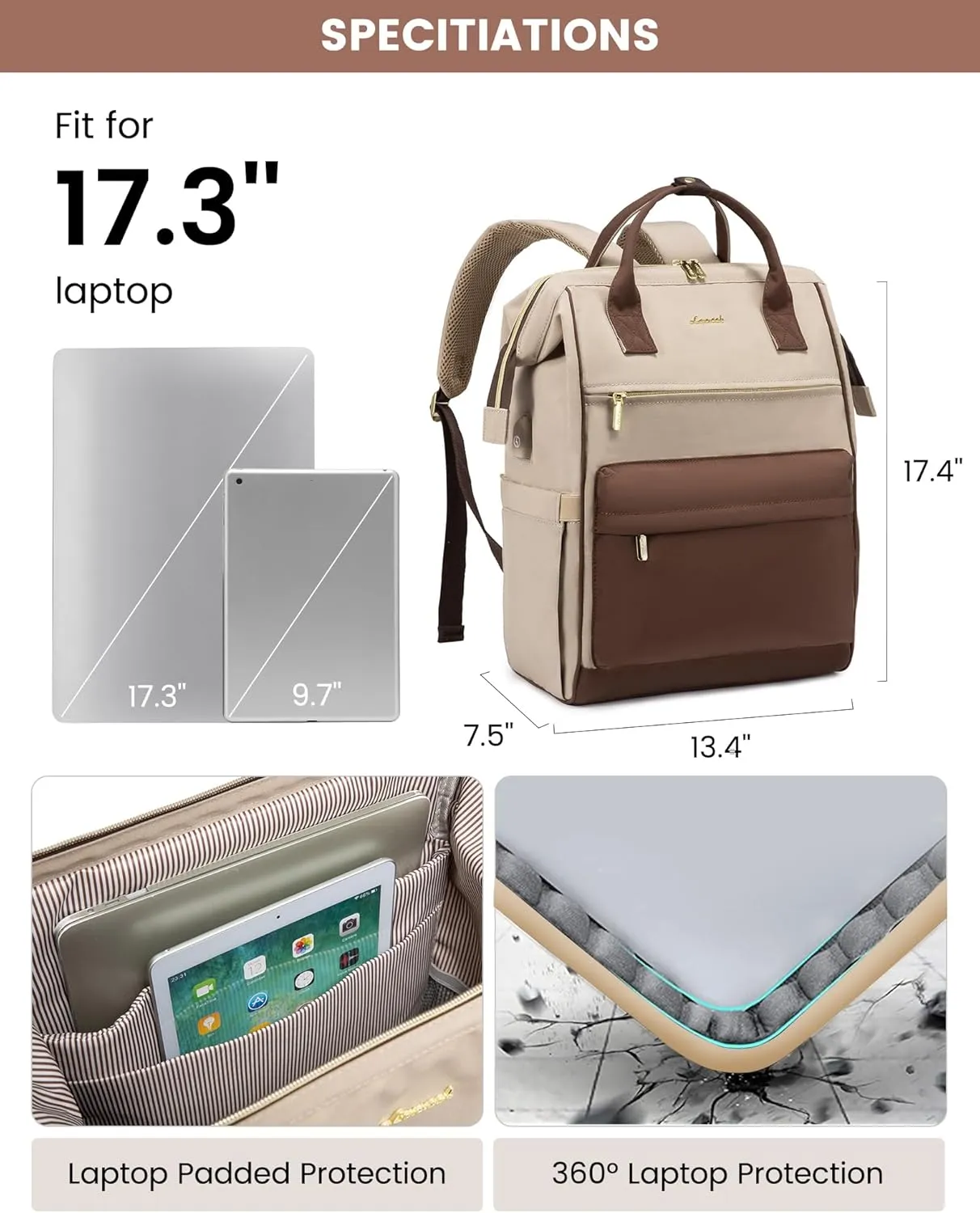 LOVEVOOK Laptop Backpack for Women, 17 Inch Work Teacher Nurse Bag, Large Capacity Business Computer Backpack Purse with USB Port, Stylish Casual Daypack for Travel,Rice Apricot&Brown