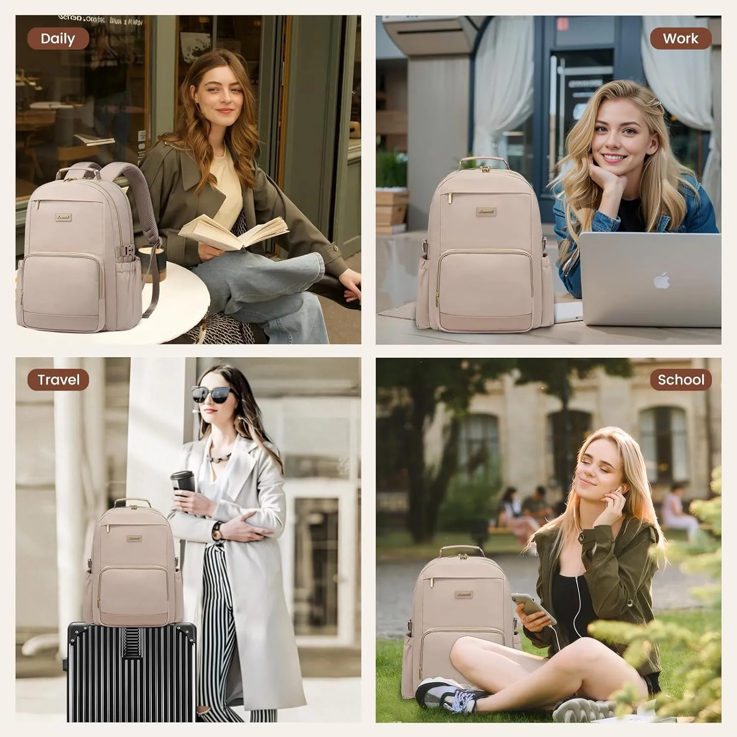 LOVEVOOK Laptop Backpack for Women with Pouch Pocket for Large Capacity Cup,15.6 Inch Laptop Computer Bag Travel Backpack Purse,Waterproof Work Business Backpack College Teacher Bags,Nude
