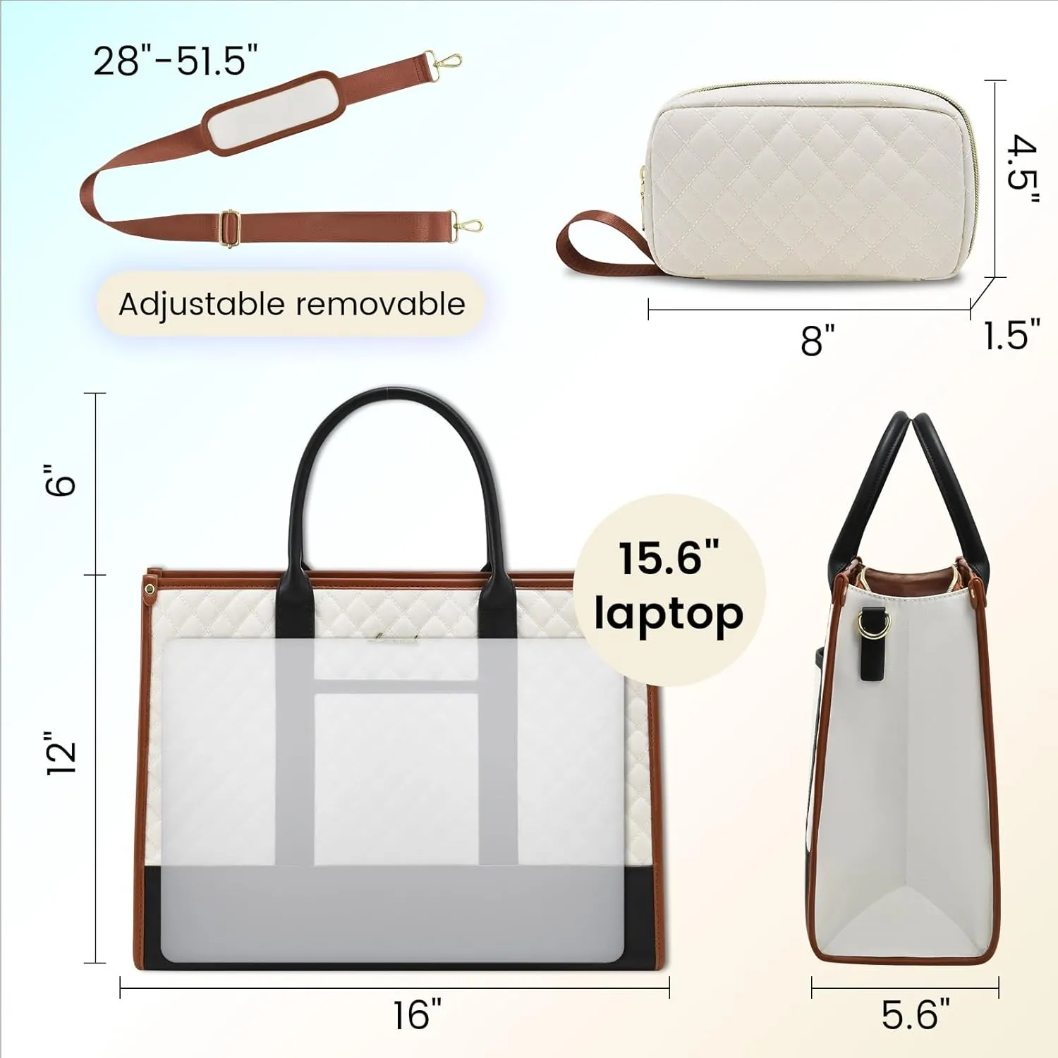 LOVEVOOK Laptop Bags for Women, 15.6 inch Waterproof Work Tote Bag with Clutch, Professional Teacher Computer Purse Lightweight Shoulder Bag Travel, Black White Brown