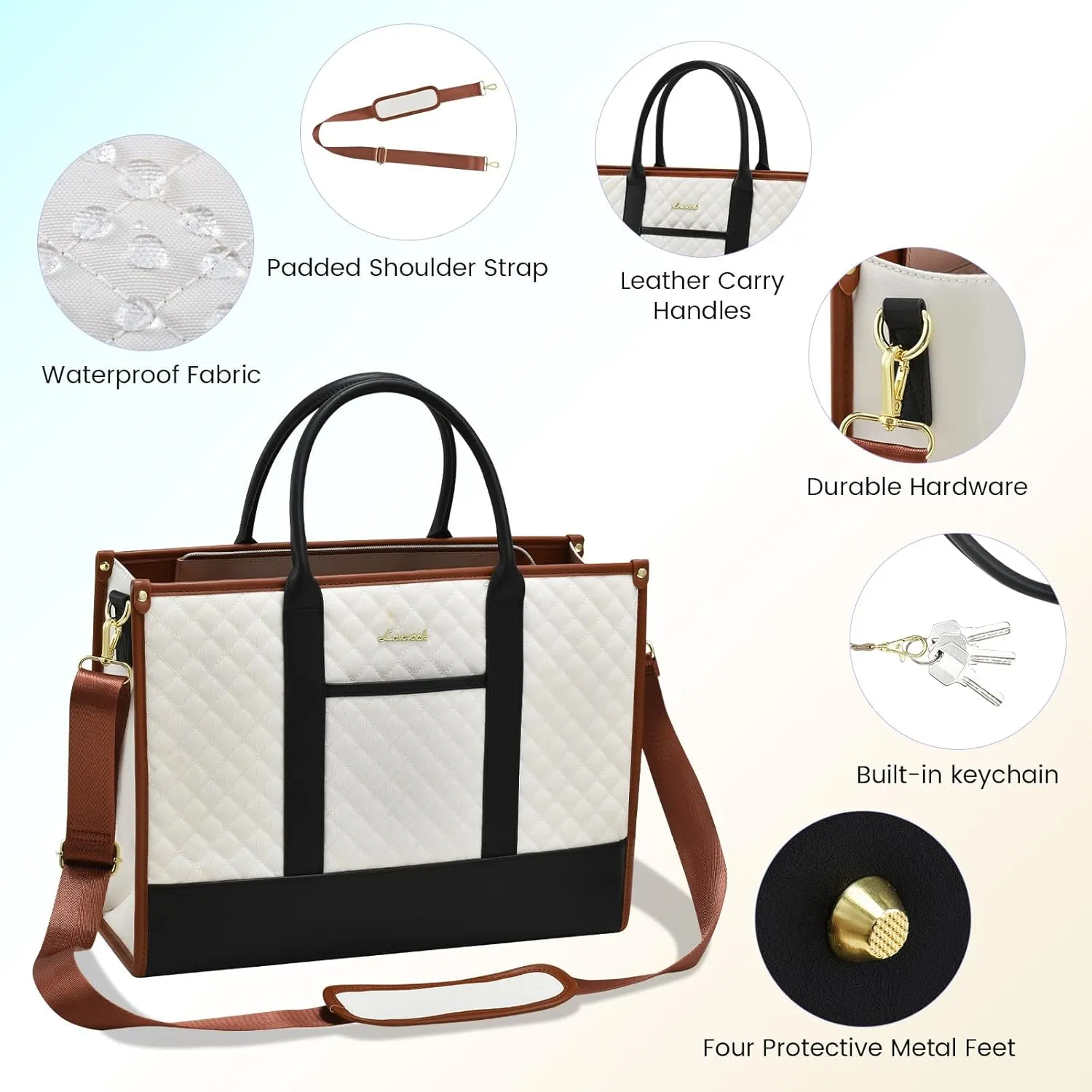 LOVEVOOK Laptop Bags for Women, 15.6 inch Waterproof Work Tote Bag with Clutch, Professional Teacher Computer Purse Lightweight Shoulder Bag Travel, Black White Brown