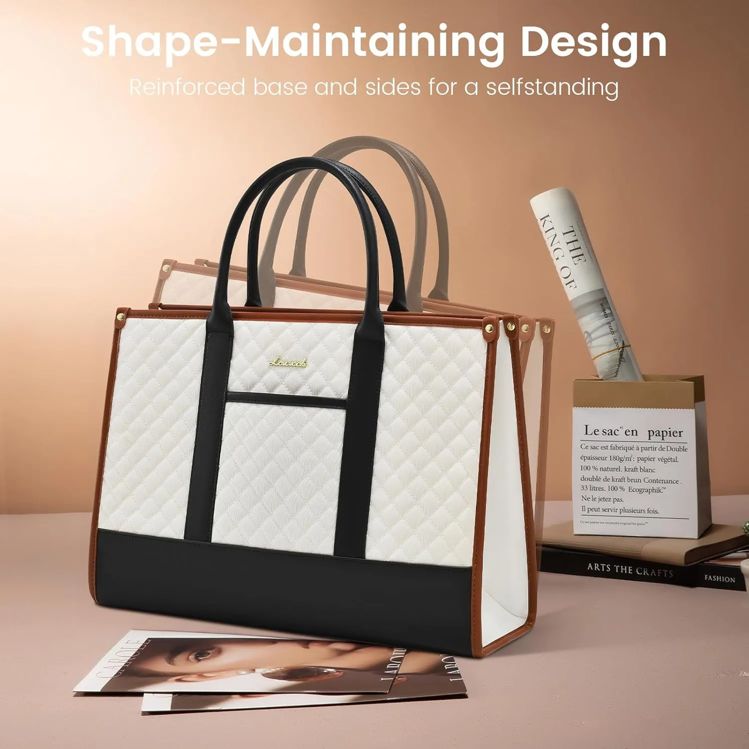 LOVEVOOK Laptop Bags for Women, 15.6 inch Waterproof Work Tote Bag with Clutch, Professional Teacher Computer Purse Lightweight Shoulder Bag Travel, Black White Brown