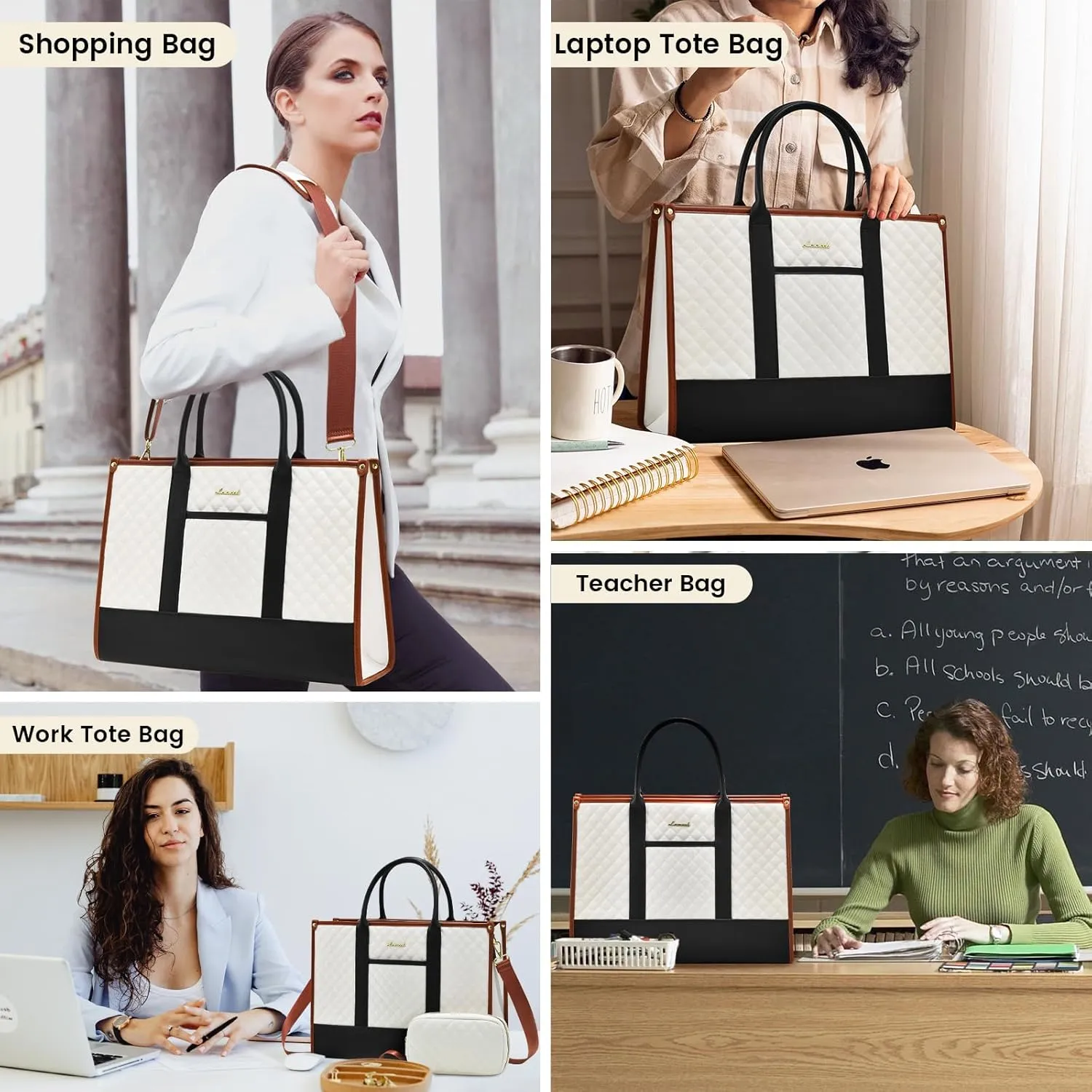 LOVEVOOK Laptop Bags for Women, 15.6 inch Waterproof Work Tote Bag with Clutch, Professional Teacher Computer Purse Lightweight Shoulder Bag Travel, Black White Brown