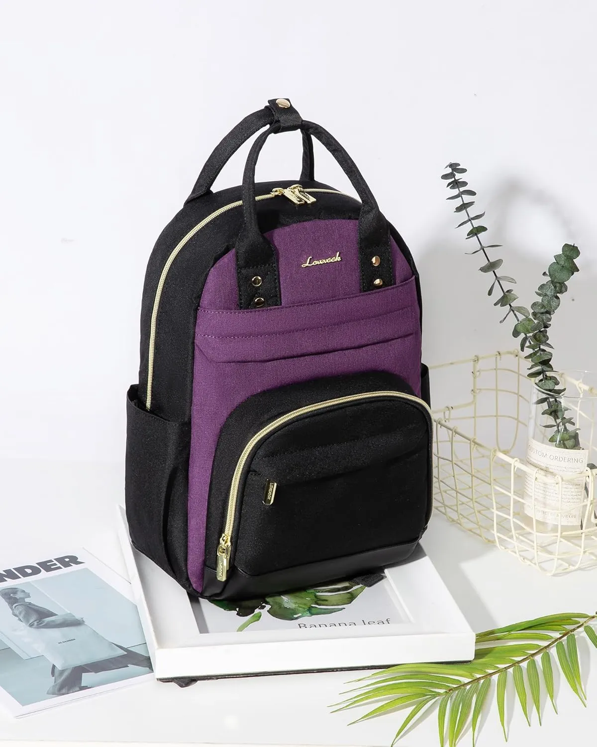 LOVEVOOK Mini Backpack Purse for Women, Small Backpack Bag, Stylish Light Weight Daily Travel Backpack, Black-Purple, 15 Inch