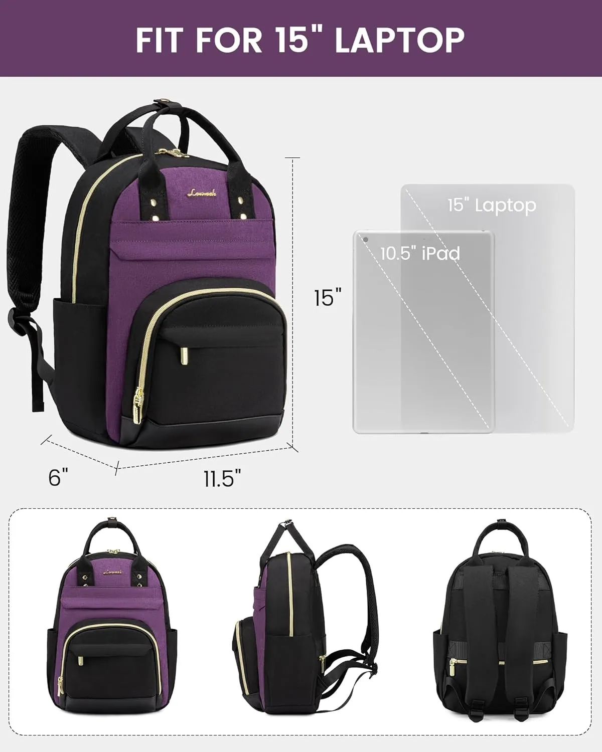 LOVEVOOK Mini Backpack Purse for Women, Small Backpack Bag, Stylish Light Weight Daily Travel Backpack, Black-Purple, 15 Inch