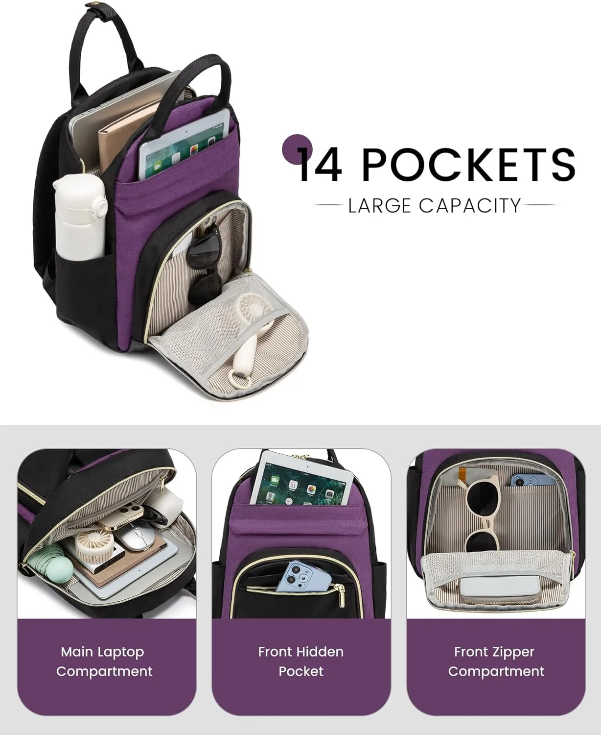 LOVEVOOK Mini Backpack Purse for Women, Small Backpack Bag, Stylish Light Weight Daily Travel Backpack, Black-Purple, 15 Inch