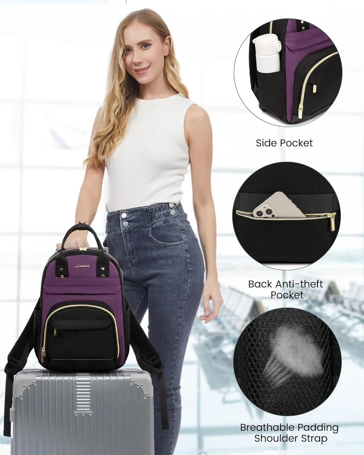 LOVEVOOK Mini Backpack Purse for Women, Small Backpack Bag, Stylish Light Weight Daily Travel Backpack, Black-Purple, 15 Inch