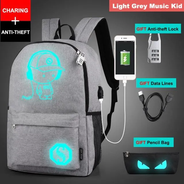 Luminous USB Charge Anti-theft Backpack For Teenagers