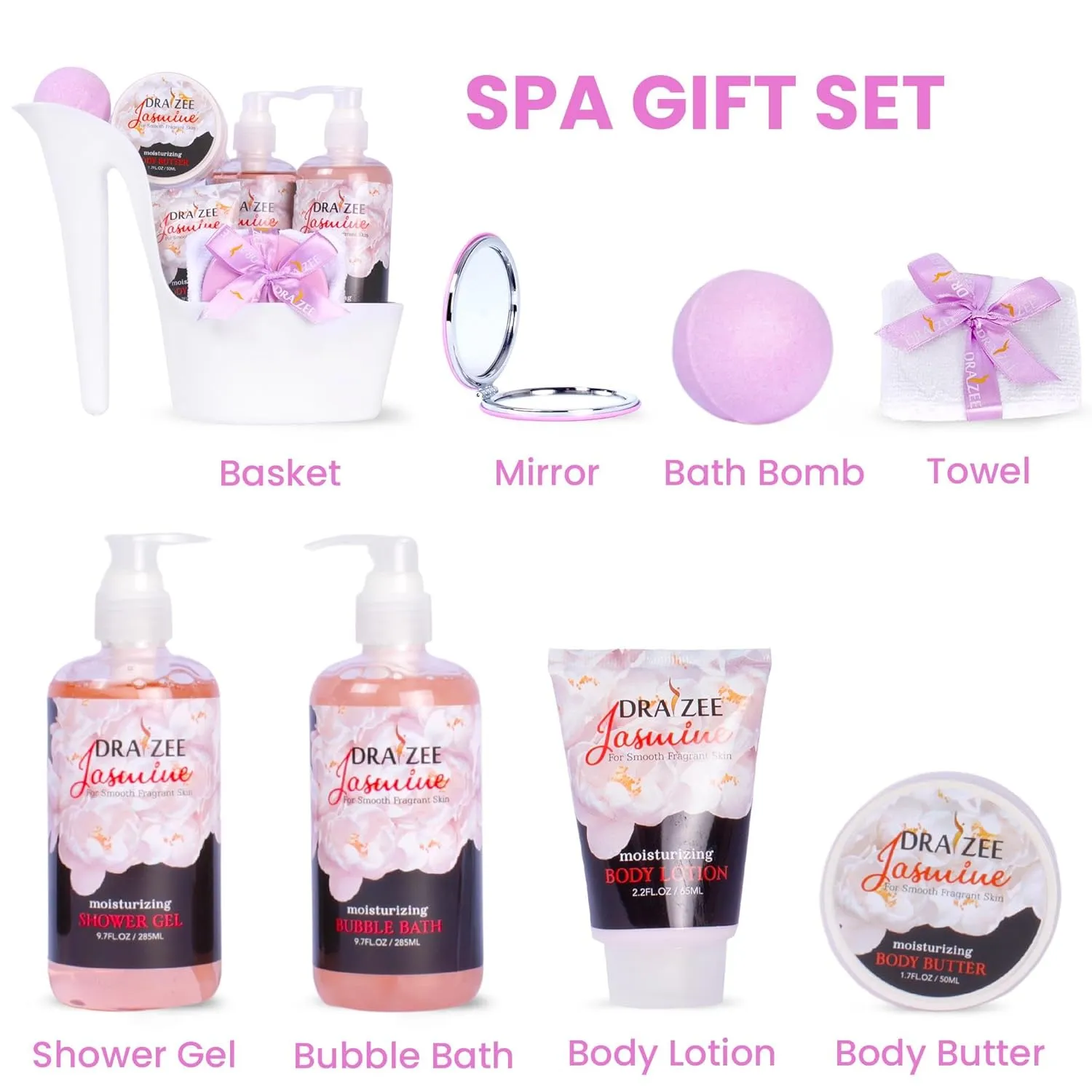 Luxury Spa Gifts for Women – 8 Pc Jasmine Scented Bath and Body Set with Bubble Bath, Lotion & More – Luxury Self Care Kit for Wife, Mom, Best Friend, Girlfriend, Anniversary Gift by Draizee