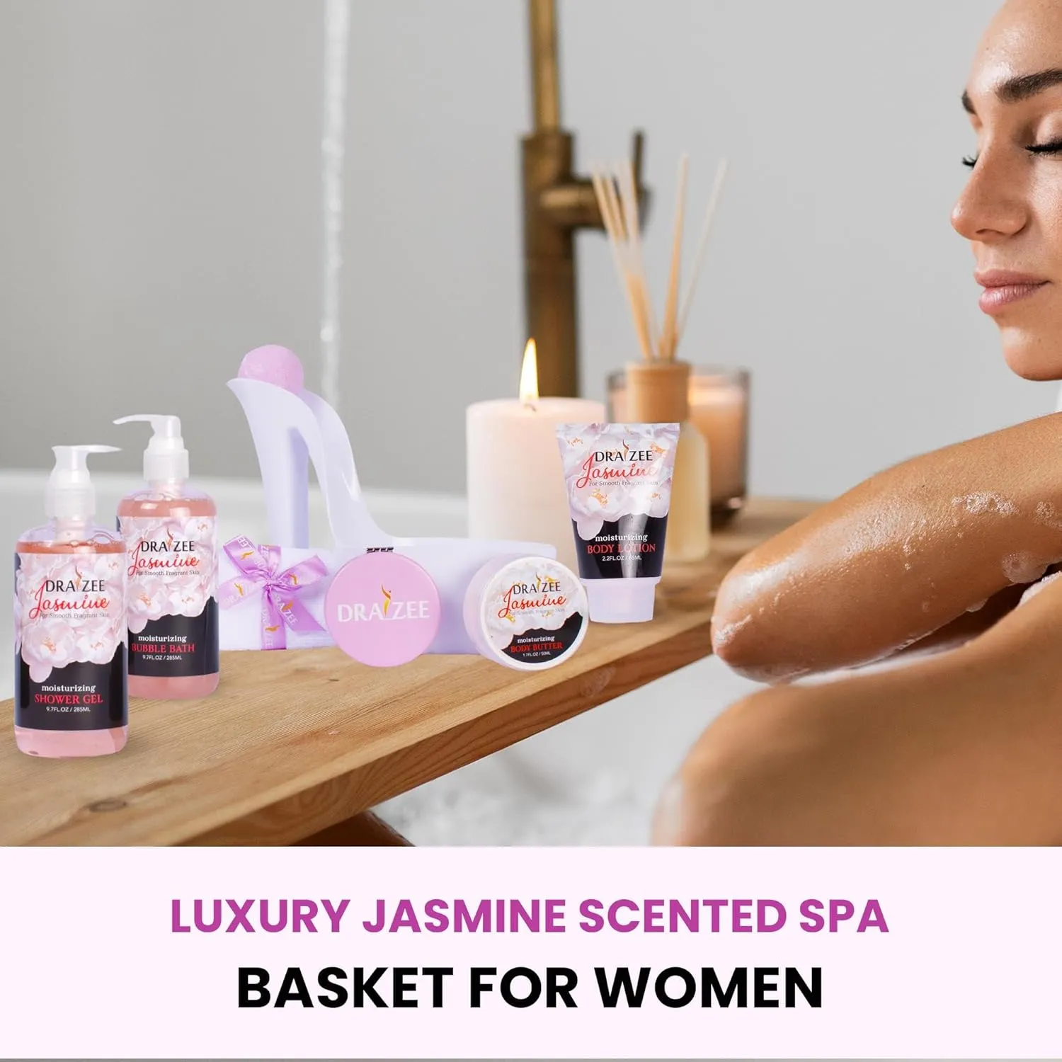 Luxury Spa Gifts for Women – 8 Pc Jasmine Scented Bath and Body Set with Bubble Bath, Lotion & More – Luxury Self Care Kit for Wife, Mom, Best Friend, Girlfriend, Anniversary Gift by Draizee