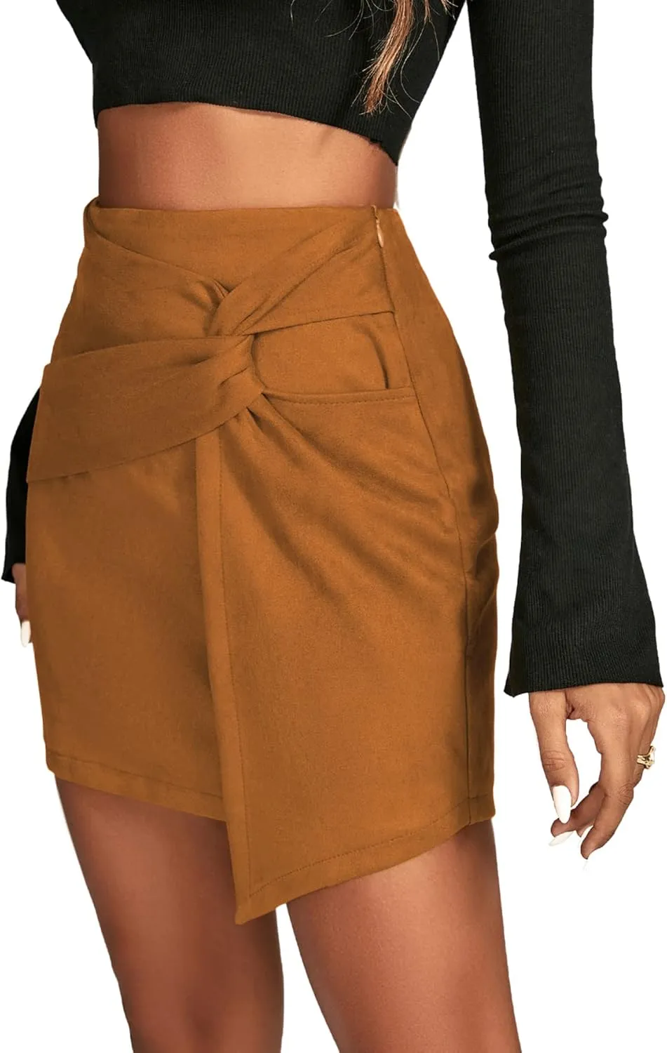LYANER Women's Faux Suede Solid High Waist Twist-Front Zipper Mini A-Line Short Skirt