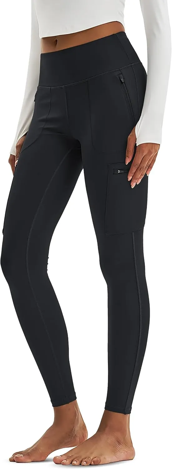 MAGCOMSEN Women's Hiking Leggings with 4 Zipper Pockets Water Resistant High Waisted Cargo Leggings Workout Running Yoga