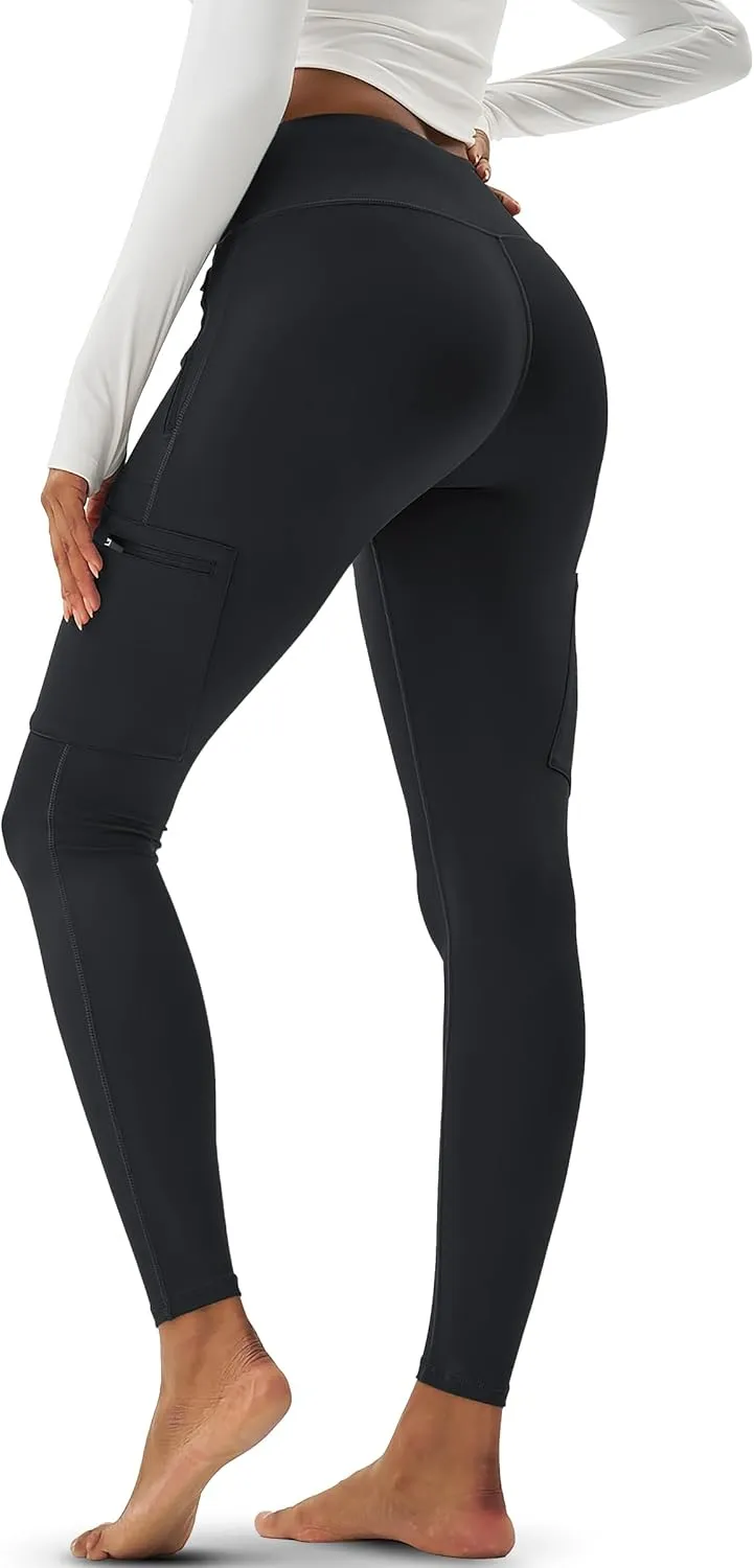 MAGCOMSEN Women's Hiking Leggings with 4 Zipper Pockets Water Resistant High Waisted Cargo Leggings Workout Running Yoga