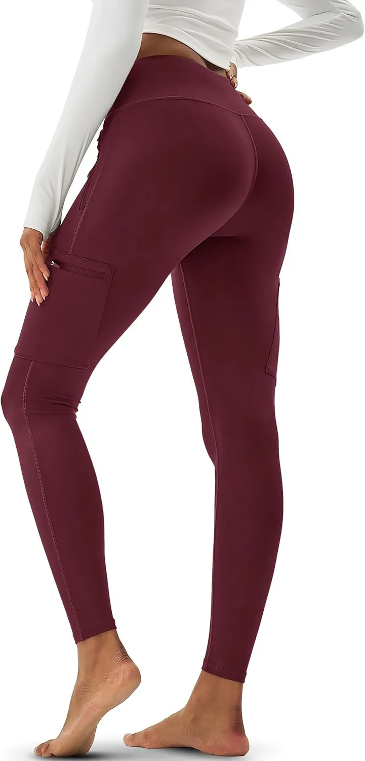 MAGCOMSEN Women's Hiking Leggings with 4 Zipper Pockets Water Resistant High Waisted Cargo Leggings Workout Running Yoga