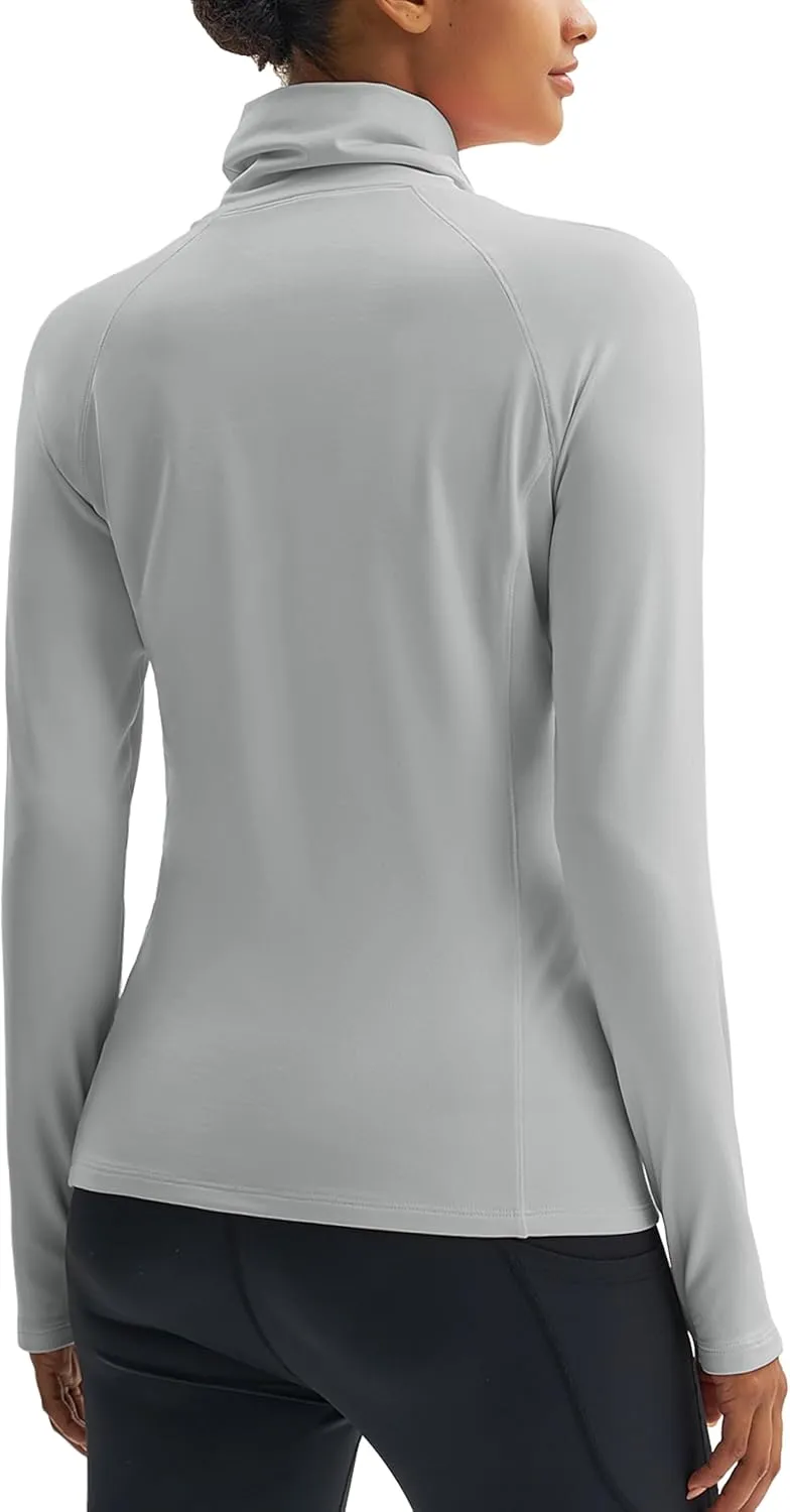 MAGCOMSEN Women's Thermal Long Sleeve Fleece Shirt Mock Turtleneck Undershirt Running Workout Top with Thumb Holes