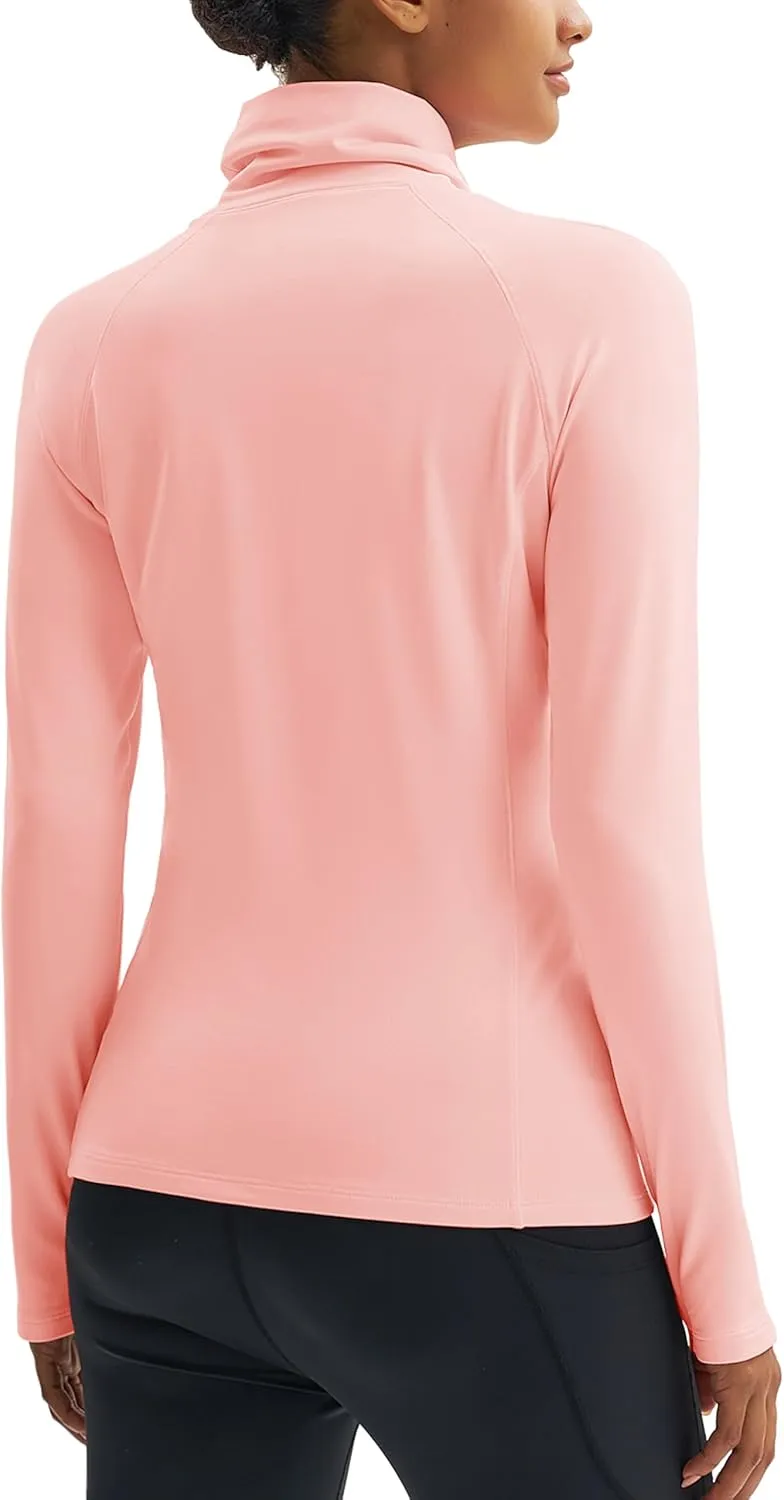 MAGCOMSEN Women's Thermal Long Sleeve Fleece Shirt Mock Turtleneck Undershirt Running Workout Top with Thumb Holes
