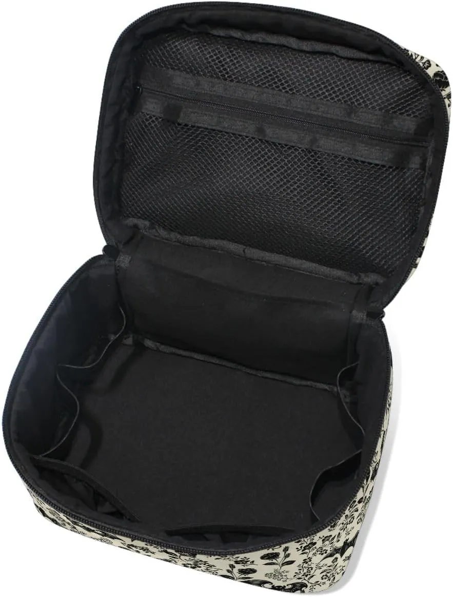 Makeup Train Case Bat Retro Flower Korean Carrying Portable Zip Travel Cosmetic Brush Bag Organizer Large for Girls Women