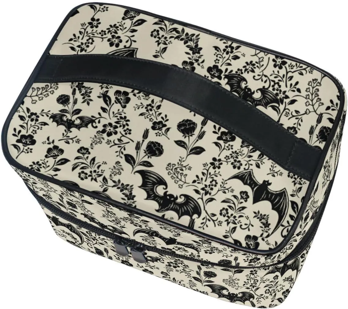 Makeup Train Case Bat Retro Flower Korean Carrying Portable Zip Travel Cosmetic Brush Bag Organizer Large for Girls Women