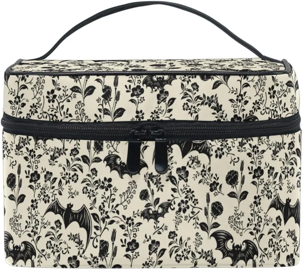 Makeup Train Case Bat Retro Flower Korean Carrying Portable Zip Travel Cosmetic Brush Bag Organizer Large for Girls Women