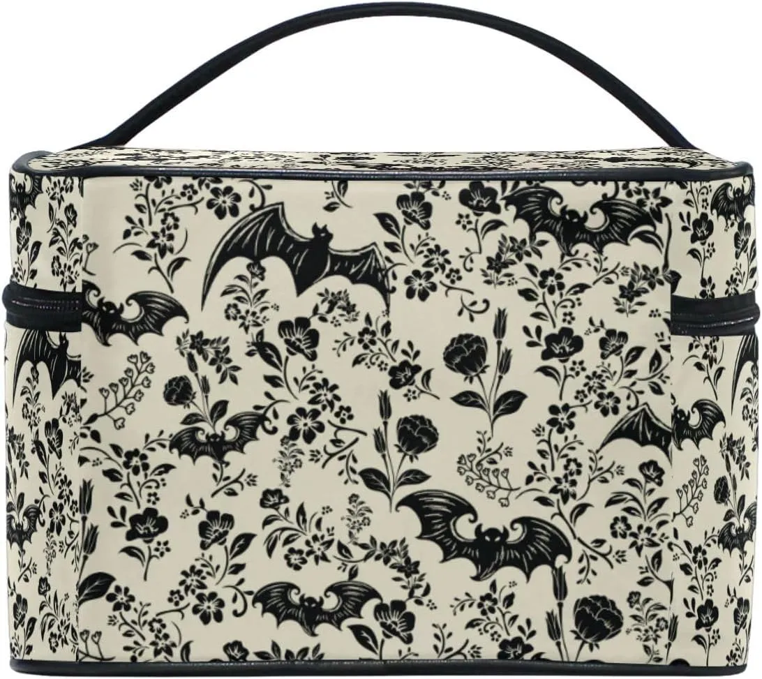 Makeup Train Case Bat Retro Flower Korean Carrying Portable Zip Travel Cosmetic Brush Bag Organizer Large for Girls Women