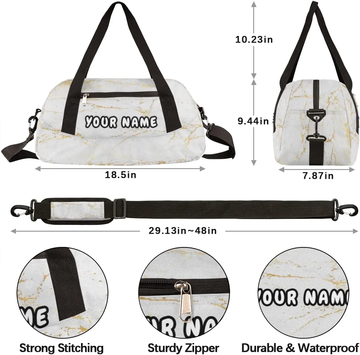 Marble Gold Texture Personalized Kids Duffel Bag for Girls Boys, Marble Debris Custom Name Dance Bag Overnight Small Duffel Bag Carry On Weekend Sports Travel Bag for School Practice Gymnastics Ballet