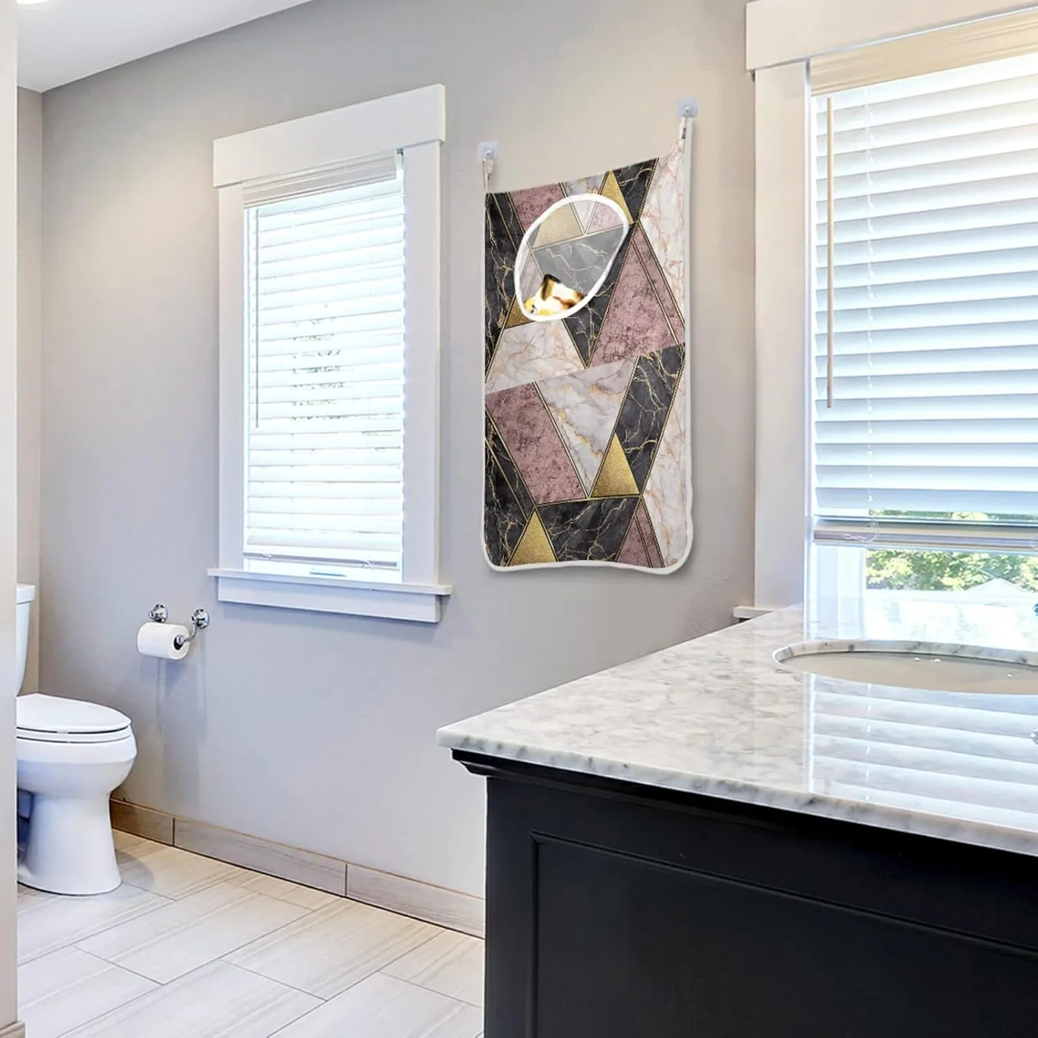 Marble Granite Agate Purple Pink Gold Black Art Paint Triangle Tiles Hanging Laundry Hamper Bag, Dirty Clothes Bag over the Door, Wall Cloth Basket with Hooks Storage Closet for Bathroom Bedroom