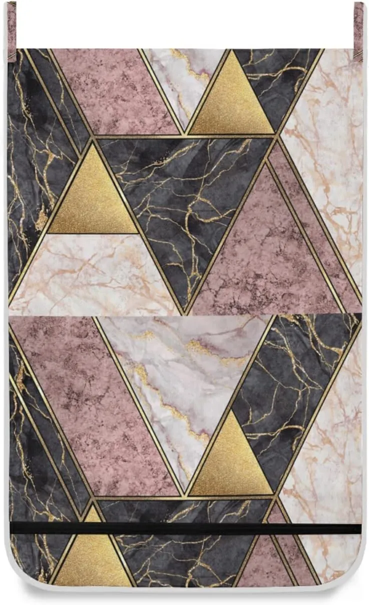 Marble Granite Agate Purple Pink Gold Black Art Paint Triangle Tiles Hanging Laundry Hamper Bag, Dirty Clothes Bag over the Door, Wall Cloth Basket with Hooks Storage Closet for Bathroom Bedroom