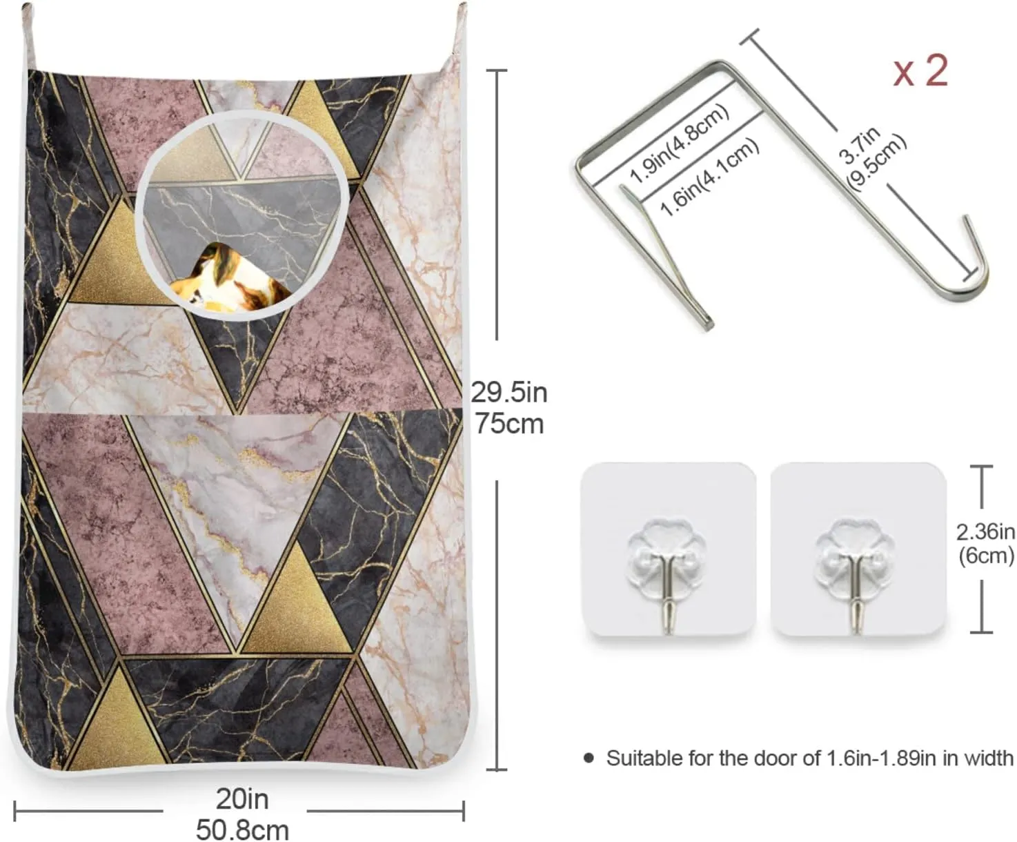 Marble Granite Agate Purple Pink Gold Black Art Paint Triangle Tiles Hanging Laundry Hamper Bag, Dirty Clothes Bag over the Door, Wall Cloth Basket with Hooks Storage Closet for Bathroom Bedroom