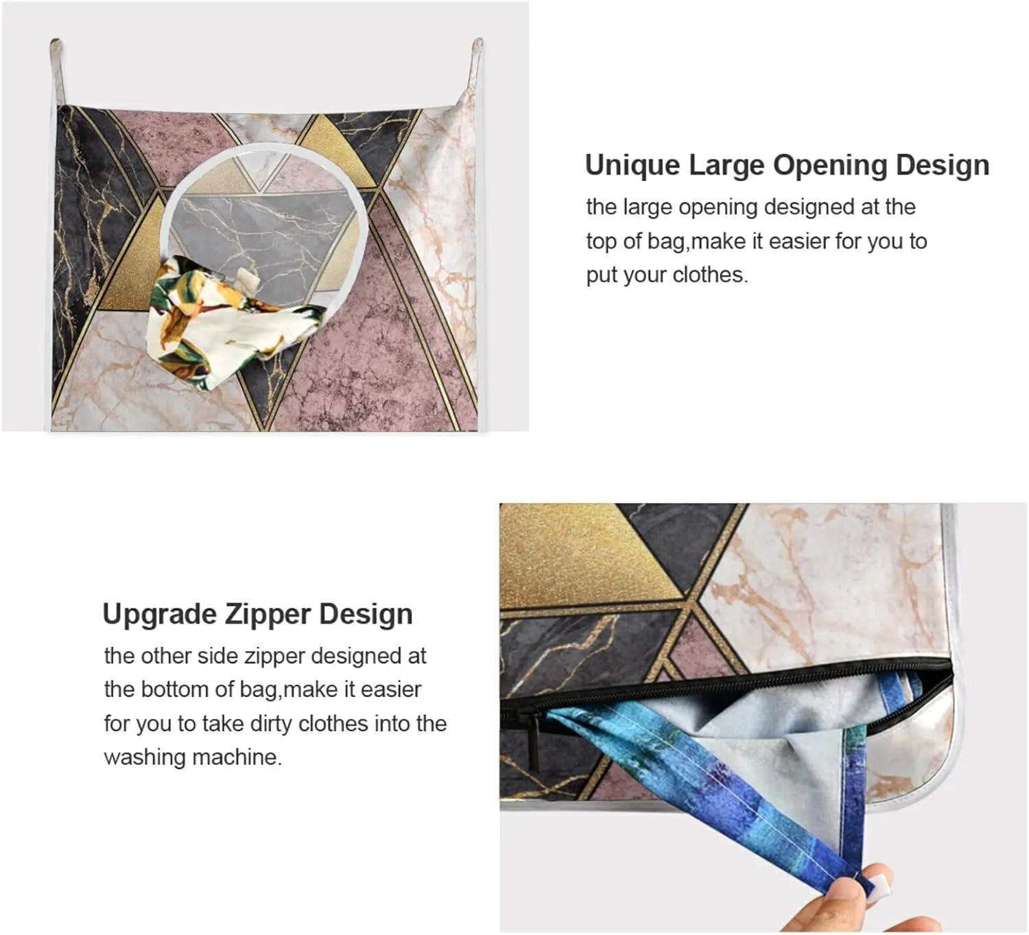 Marble Granite Agate Purple Pink Gold Black Art Paint Triangle Tiles Hanging Laundry Hamper Bag, Dirty Clothes Bag over the Door, Wall Cloth Basket with Hooks Storage Closet for Bathroom Bedroom