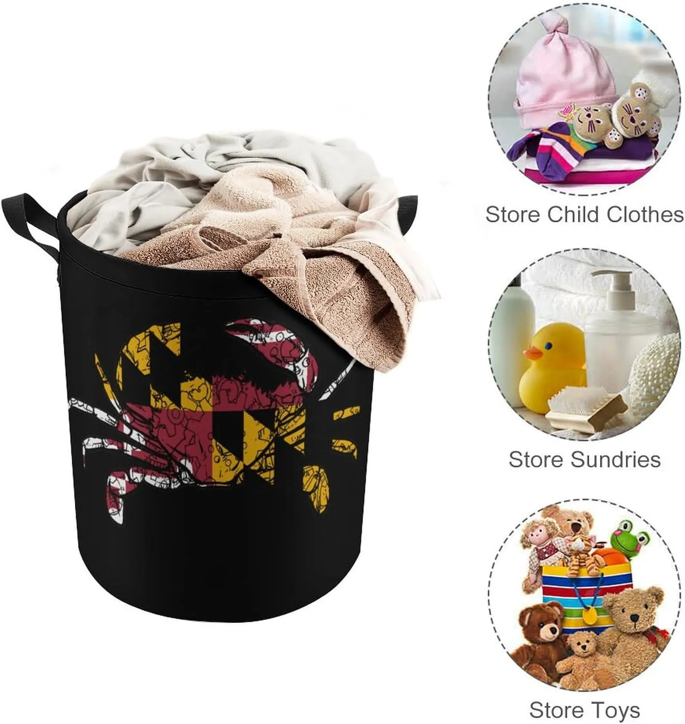 Maryland Chesapeake Bay Blue Crabs 3 Laundry Hamper,45L Round Drawstring Collapsible Laundry Basket with Handle 17in Waterproof Storage Basket for Bedroom Room-1