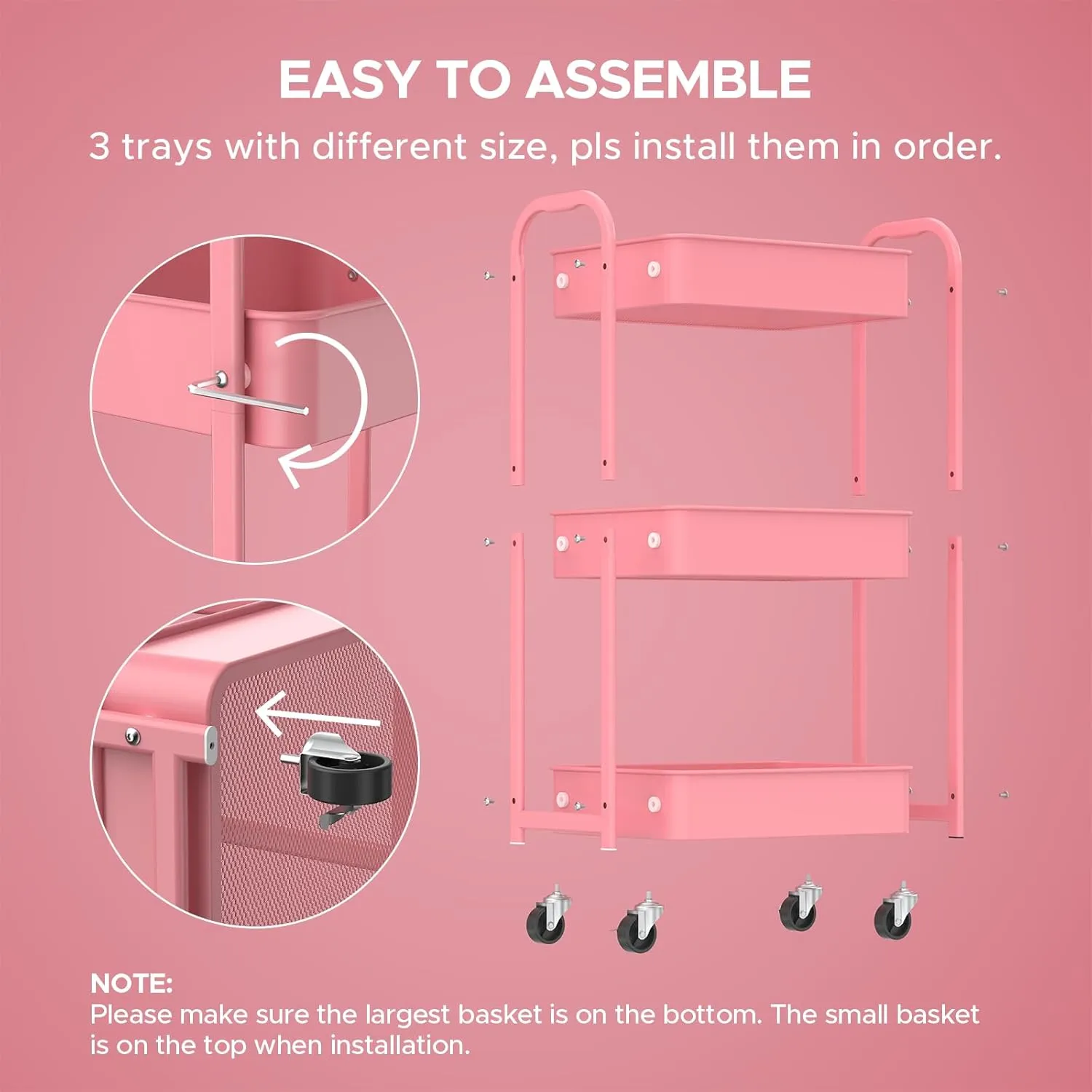 MAX Houser 3-Tier Rolling Utility Cart with Caster Wheels,Easy Assembly, for Kitchen, Bathroom (Pink)