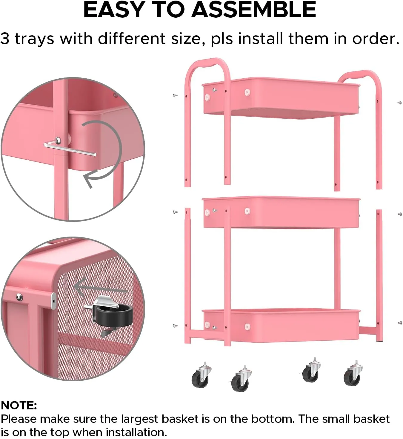 MAX Houser 3-Tier Rolling Utility Cart with Caster Wheels,Easy Assembly, for Kitchen, Bathroom (Pink)