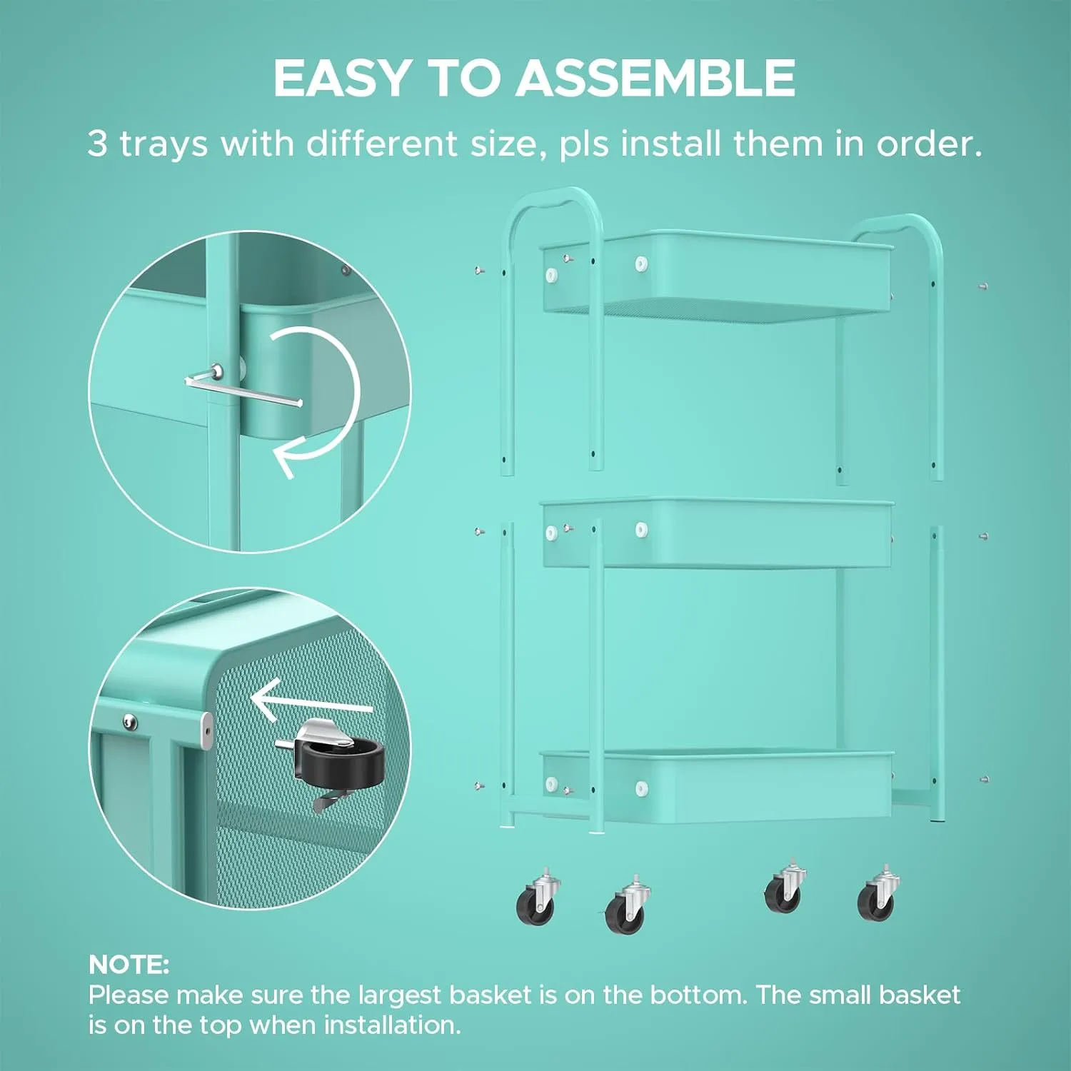 MAX Houser 3-Tier Rolling Utility Cart with Caster Wheels,Easy Assembly, for Kitchen, Bathroom (Turquoise)