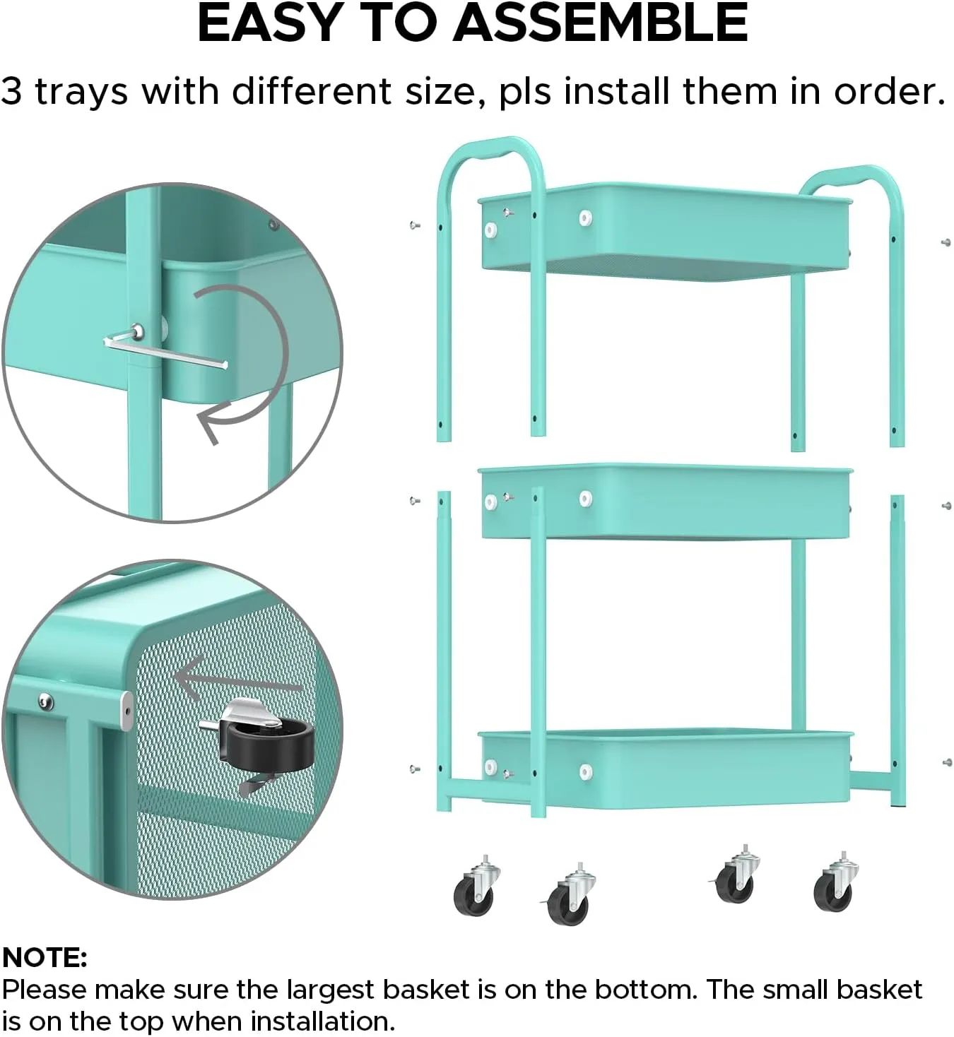 MAX Houser 3-Tier Rolling Utility Cart with Caster Wheels,Easy Assembly, for Kitchen, Bathroom (Turquoise)