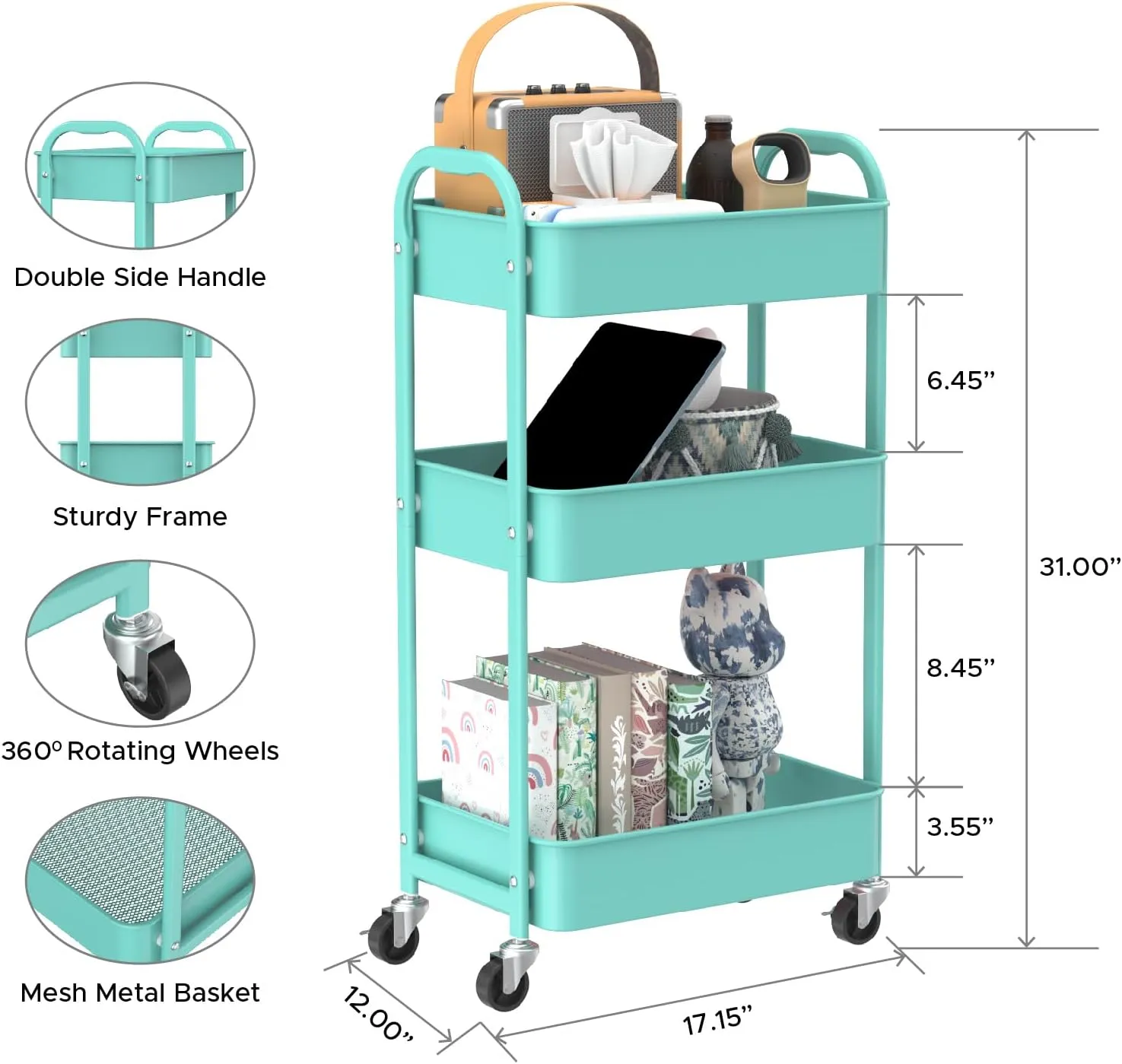 MAX Houser 3-Tier Rolling Utility Cart with Caster Wheels,Easy Assembly, for Kitchen, Bathroom (Turquoise)