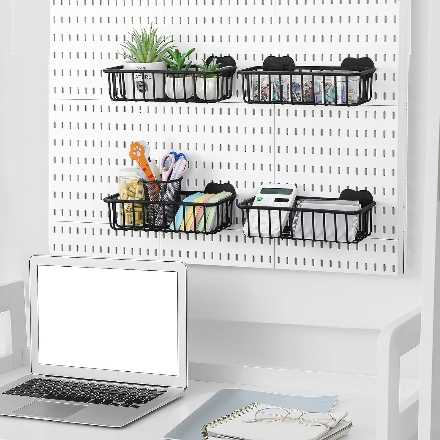 Maxdot 4 Pcs Pegboard Baskets with Hook, Compatible with Ikea Skadis Peg Board, Wall Bins and Baskets Storage Box Containers Accessories for Home Garage Office, 11 x 5 x 3 Inches(Black)