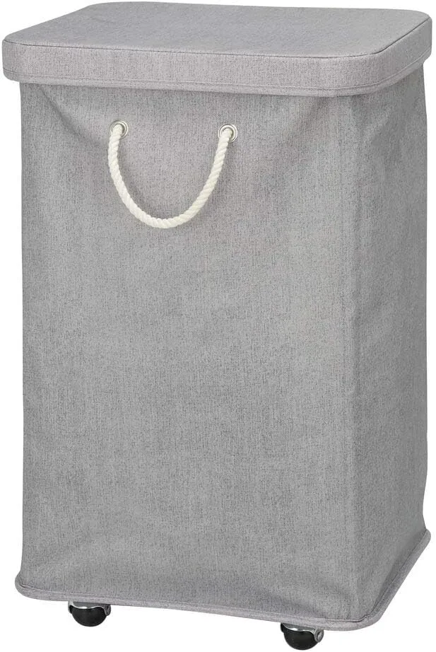 mDesign Large Polyester Rolling Laundry Hamper with Wheels, Removable Lid, and Rope Carrying Handles - Collapsible Hampers with Wheels for Compact Storage - Tall Single Compartment Basket - Gray