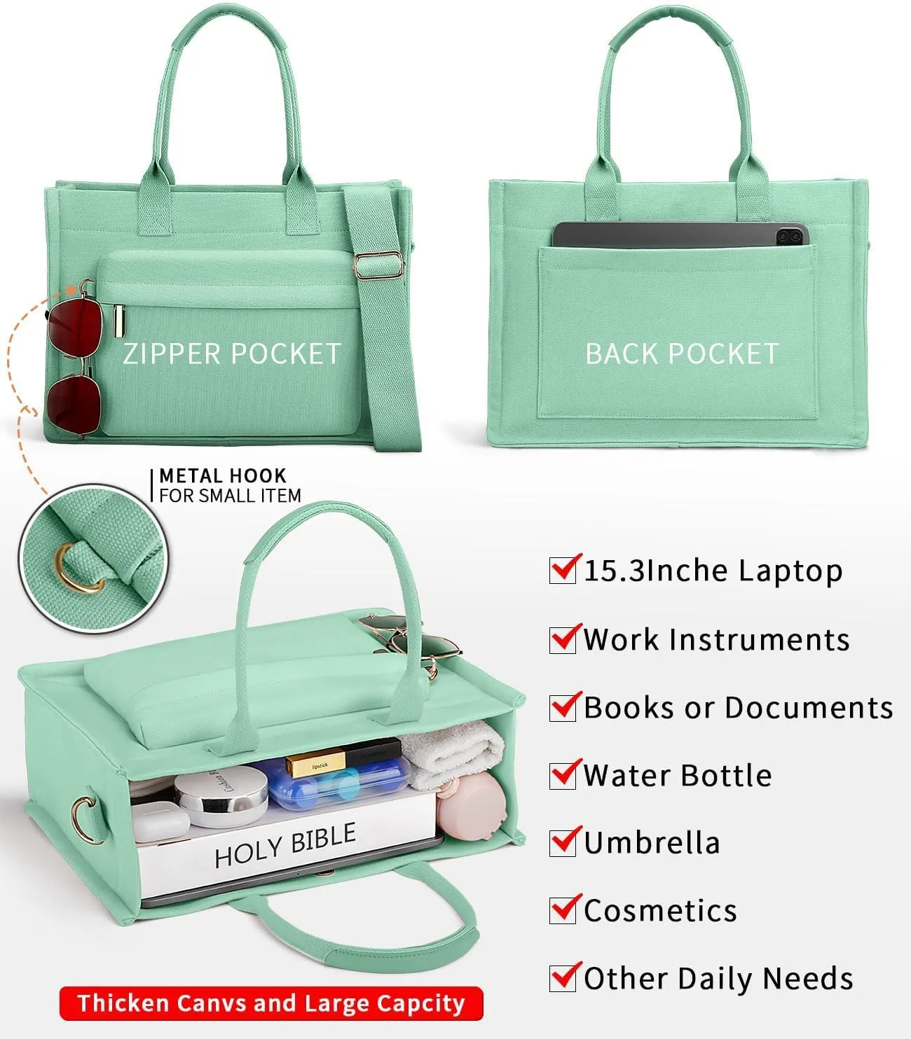 Medium Canvas Tote Bag for Women, Womens Tote Bag for School Bags Travel Crossbody Purse With Zipper Pocket